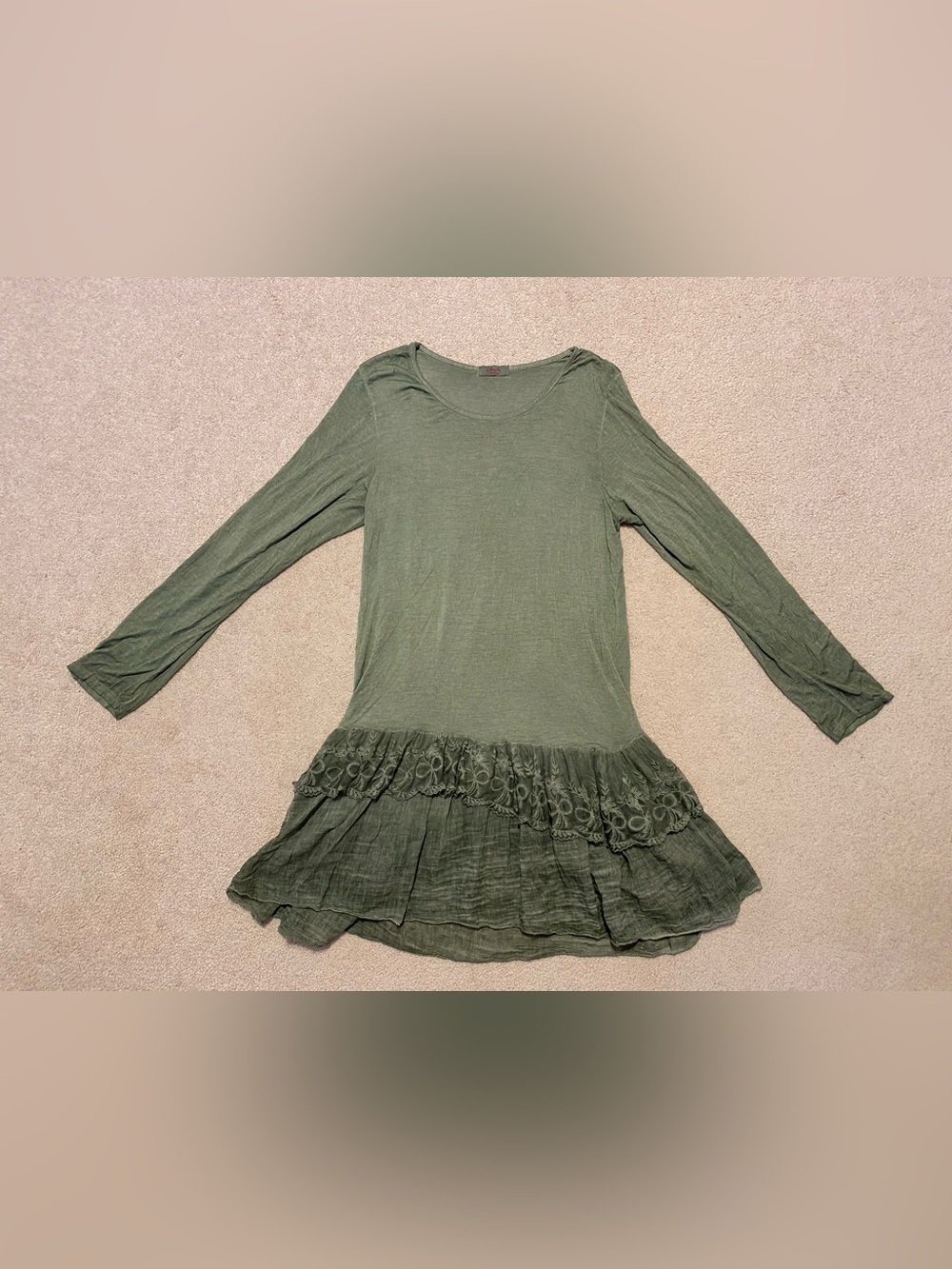 Scandal green knit tunic shirt dress long sleeve ruffle lace, size M/L